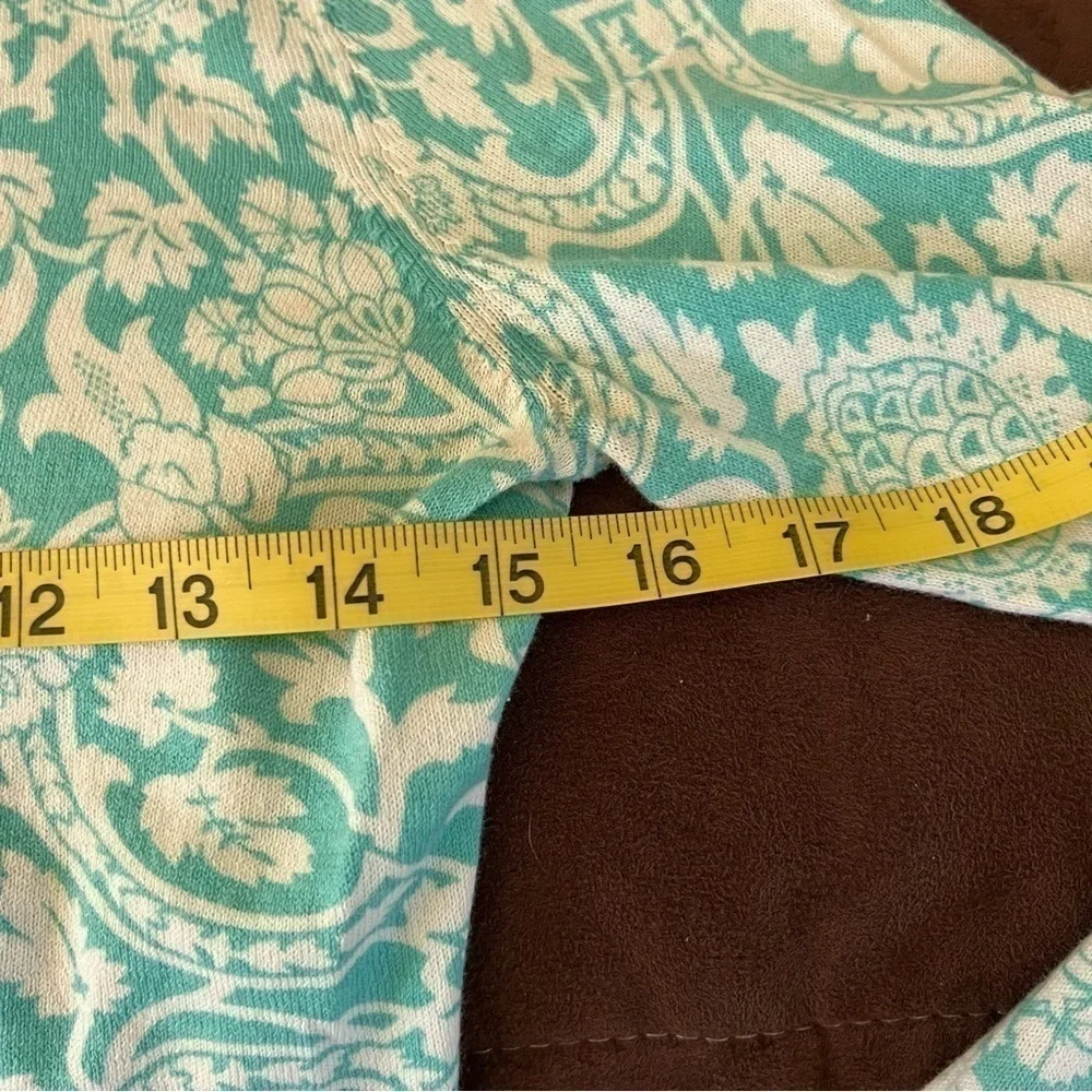 𝅺ann Taylor LOFT teal & white detailed button up sweater, S, floral pineapples. - Picture 3 of 13